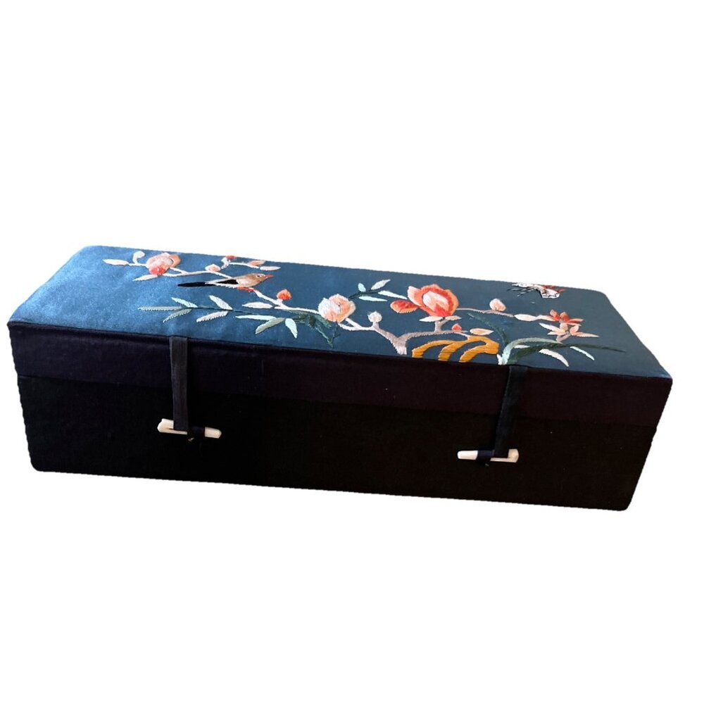 Vintage Blue Embroidered Flowers And Bird Jewelry Trinket Box Dun Huang 10x4inch